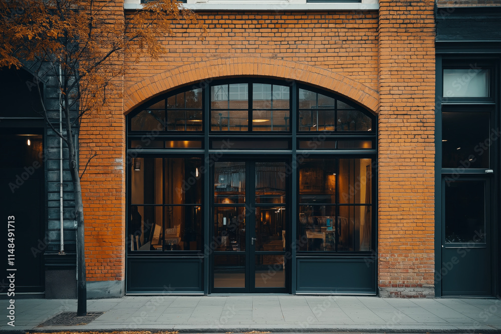 Charming storefront with arched glass windows set in a brick facade, showcasing a mix of modern and vintage urban architecture. Charming storefront with arched glass windows set in a brick facade, showcasing a mix of modern and vintage urban architecture.