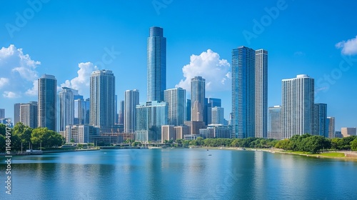 city skyline, urban landscape, skyscrapers, city lights, modern architecture