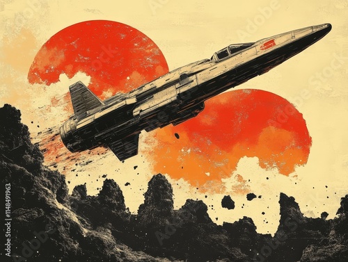 A dynamic illustration of a spaceship launching against a backdrop of two red suns and rugged terrain. Ideal for sci-fi themes or futuristic designs. AI generated. photo