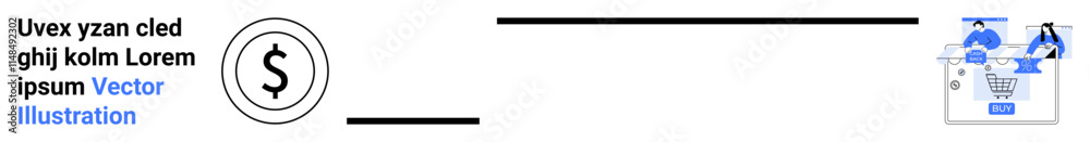 Currency symbol within a circle, two black horizontal lines, characters analyzing content on a digital platform. Ideal for finance, business, online marketing, website development, sales strategy Currency symbol within a circle, two black horizontal lines, characters analyzing content on a digital platform. Ideal for finance, business, online marketing, website development, sales strategy