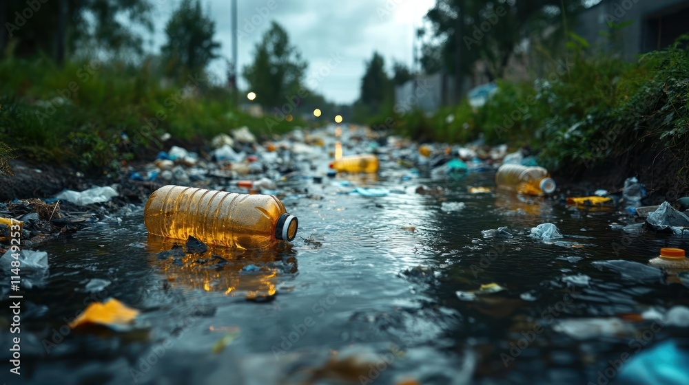 custom made wallpaper toronto digitalPlastic bottles and trash in polluted waterway.