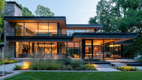 A sleek modern house with large glass windows and a minimalist design, surrounded by greenery,