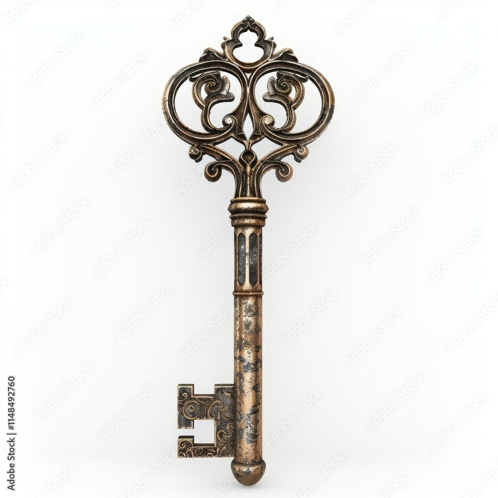 Old ornate key isolated on white background is opening a secret