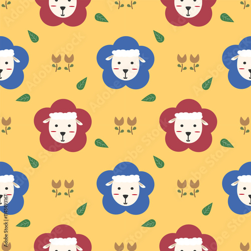 Face sheep flower cartoon so cute. On flower leaf yellow background. Pattern seamless vector illustration. 
