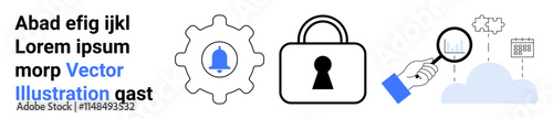Gear with notification bell, padlock, magnifying glass, cloud, and calendar. Ideal for cybersecurity, data analysis, cloud storage, system settings notifications productivity and digital privacy