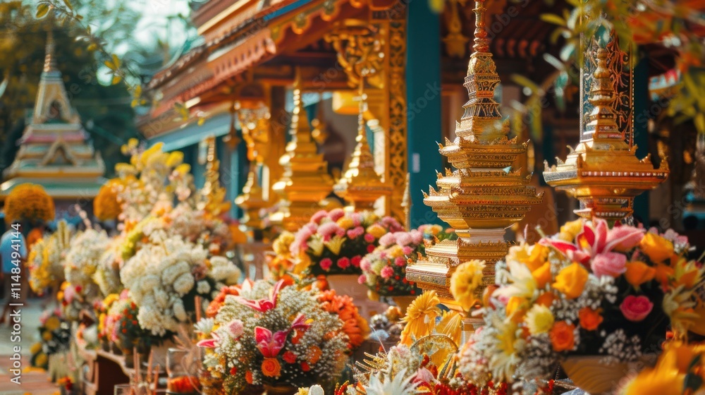 Obraz premium A beautiful display of Songkran festive decorations, featuring floral arrangements and traditional Thai motifs,