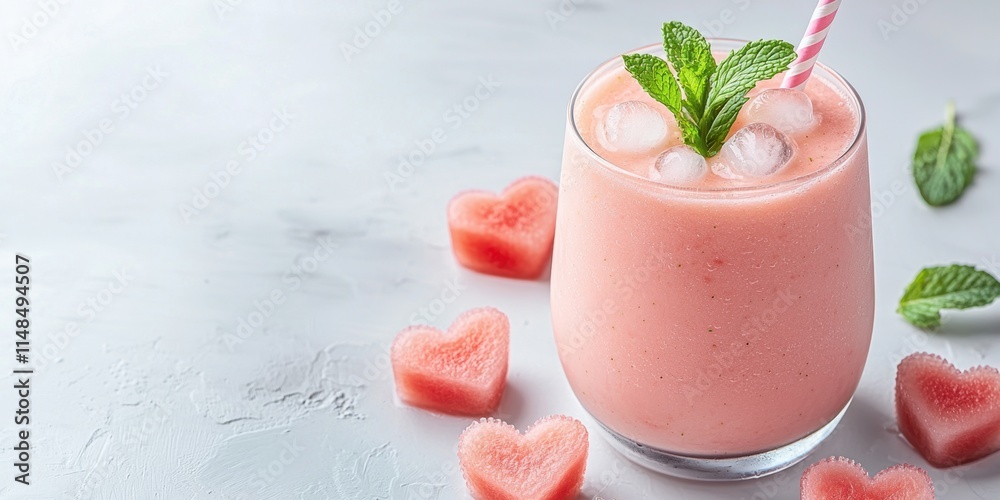 Valentine's themed pink beverage concept. Creamy pink smoothie garnished with mint and heart-shaped ice cubes Valentine's themed pink beverage concept. Creamy pink smoothie garnished with mint and heart-shaped ice cubes