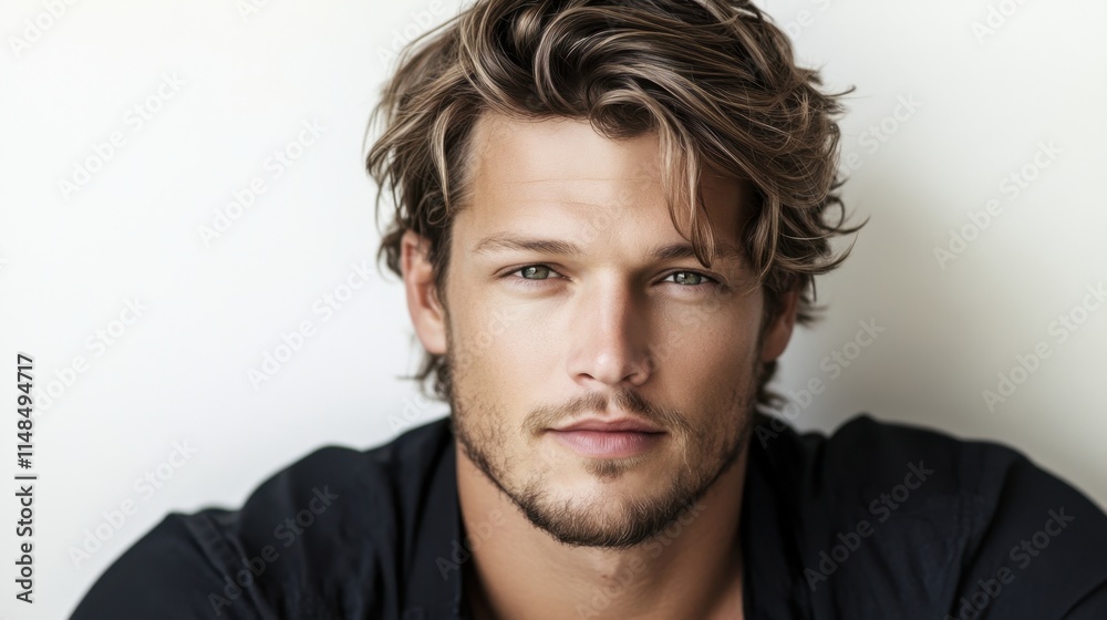 Close-Up Portrait of a Stylish Young Man with Wavy Hair Close-Up Portrait of a Stylish Young Man with Wavy Hair