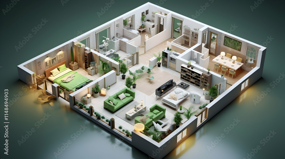 3D Floor Plan of a Modern Apartment with Green Accents 3D Floor Plan of a Modern Apartment with Green Accents