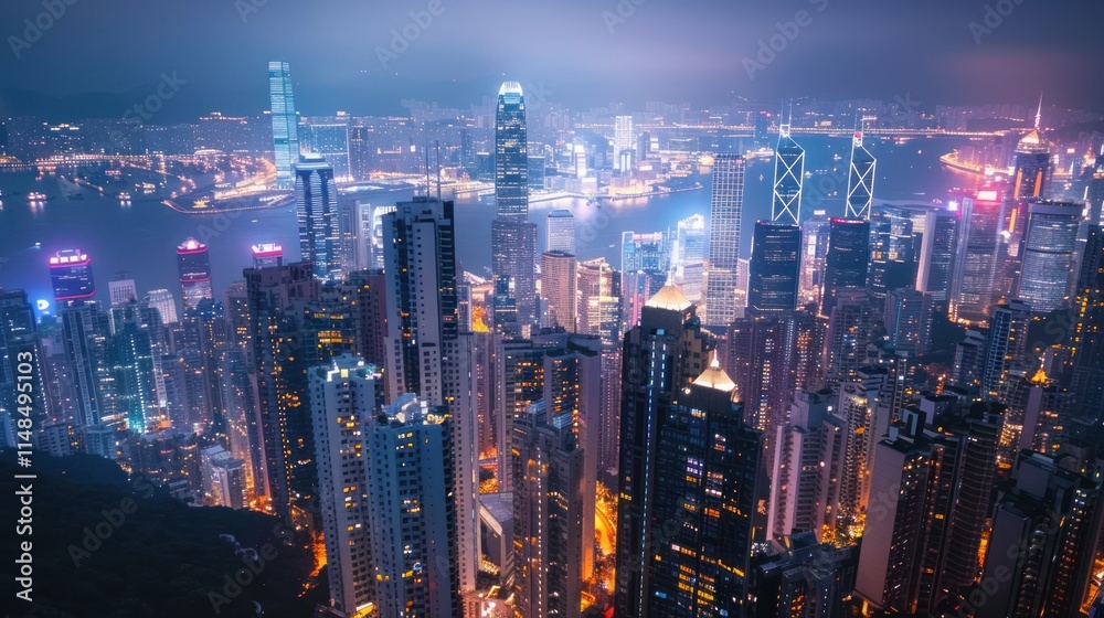 Fototapeta premium A bustling city background, with skyscrapers and bright lights creating an urban energy,