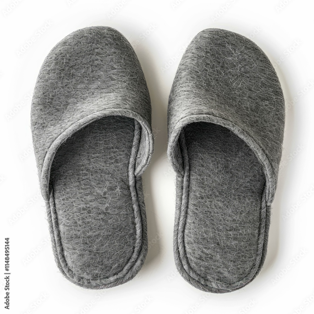 Pair of cozy gray felt slippers resting on white background Pair of cozy gray felt slippers resting on white background