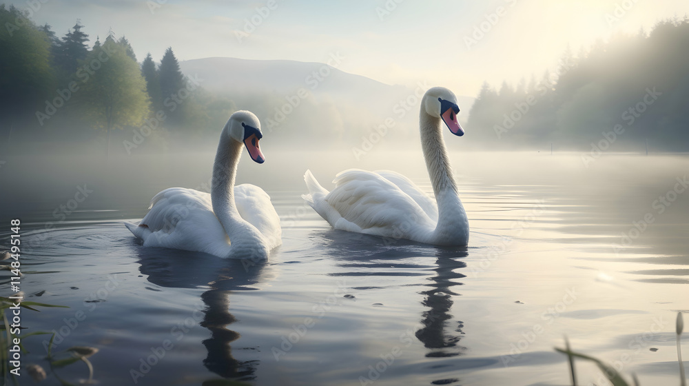 Two swans gracefully glide on a misty lake at sunrise. Two swans gracefully glide on a misty lake at sunrise.