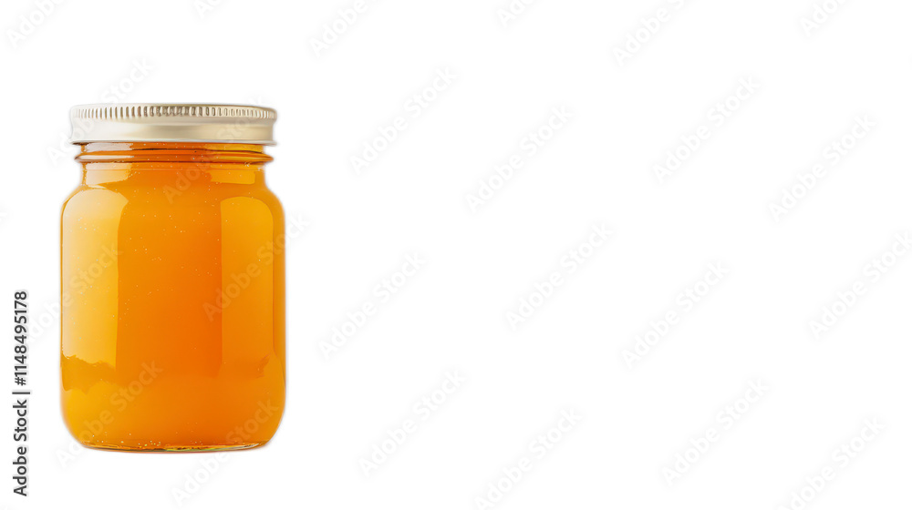 Clear Glass Jar Filled with Golden Honey on White Background Clear Glass Jar Filled with Golden Honey on White Background