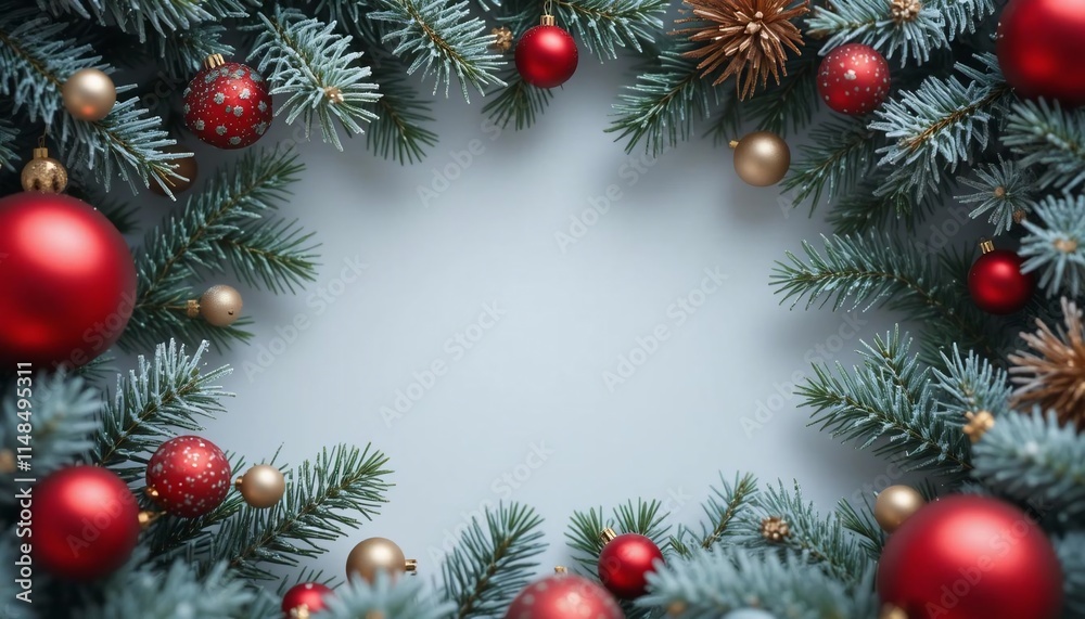 Festive Christmas Border Red Gold Ornaments Snowy Pine Branches Holiday Background Festive Christmas Border Red Gold Ornaments Snowy Pine Branches Holiday Background