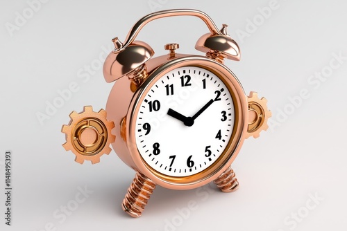 A 3D-rendered steampunk clock with oversized gears and pipes, rendered in copper and brass tones photo