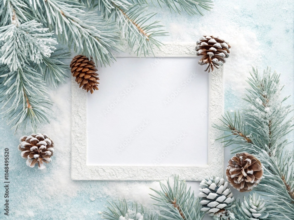 Snowy Christmas Background with Pinecones and Snowflakes Snowy Christmas Background with Pinecones and Snowflakes