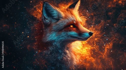 Fiery fox in cosmic nebula. photo