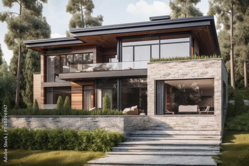 Modern Wood And Stone House In Wooded Setting Modern Wood And Stone House In Wooded Setting