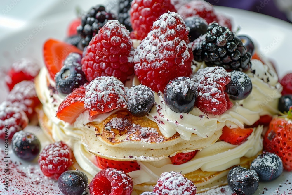 Delicious pancakes lying on plate with whipped cream and fresh berries covered with icing sugar Delicious pancakes lying on plate with whipped cream and fresh berries covered with icing sugar