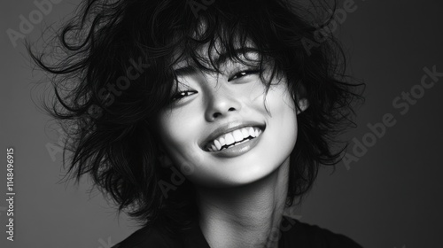 Joyful woman with tousled hair smiling in black and white portrait