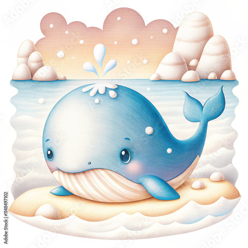 Cute Baby Blue Whale Winter Watercolor Clipart - Adorable blue whale resting on a sandy beach, surrounded by icy formations. Symbolizing peace, gentleness, winter, marine life, and childhood. photo