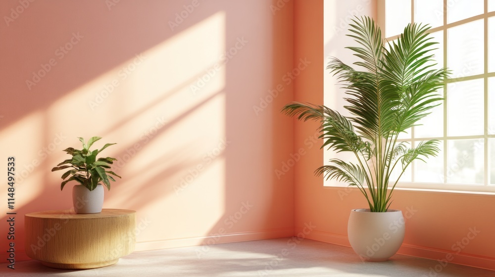 Purple Background With Palm Shadows And Cylindrical Display Purple Background With Palm Shadows And Cylindrical Display