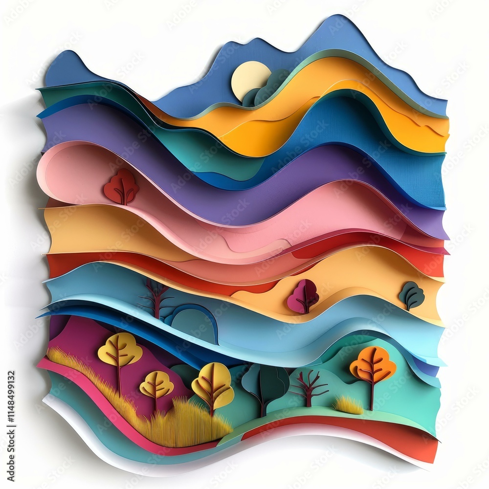 Colorful paper art depicting layered hills, trees, and a full moon Colorful paper art depicting layered hills, trees, and a full moon