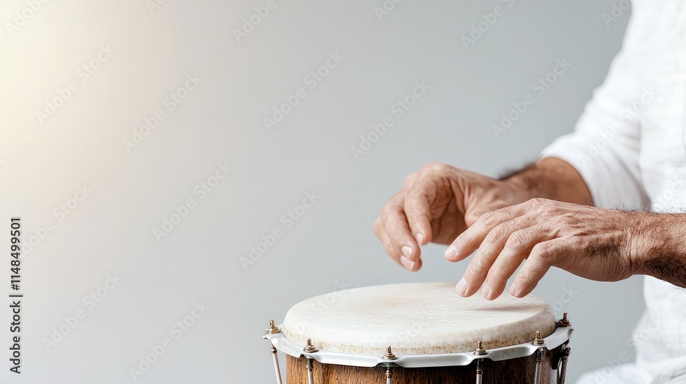 Fototapeta premium Man hands playing a bongo drum against a clean light grey background with warm side light.
