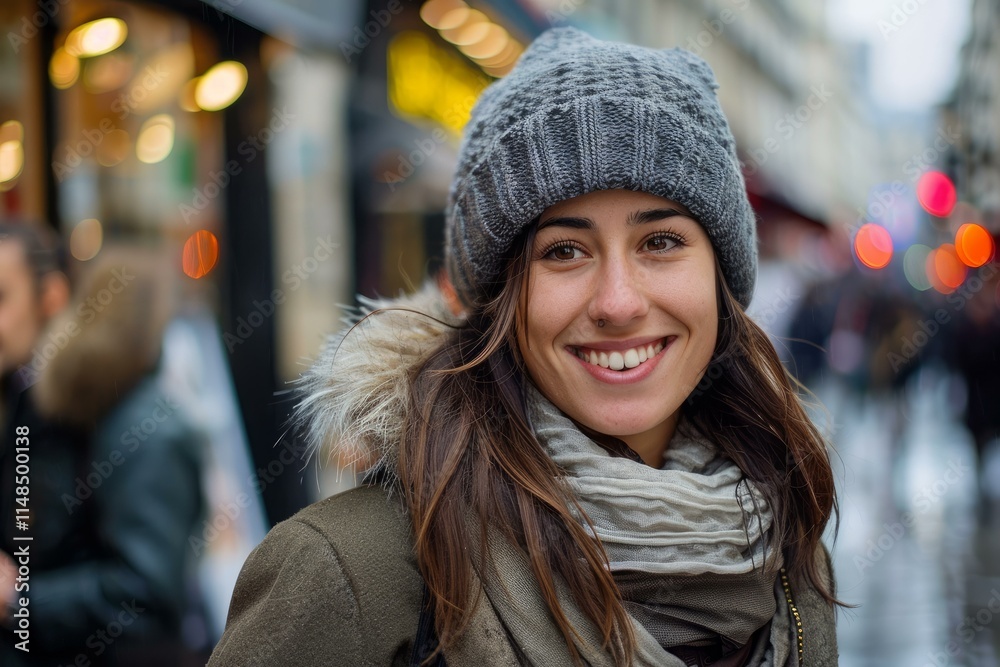 Smiling young woman wearing winter clothes walking in a city Smiling young woman wearing winter clothes walking in a city
