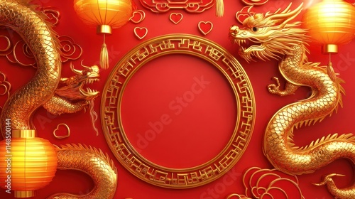 Wallpaper Mural Intricate golden dragon design with heart accents, framing a central circular product space, complemented by glowing lanterns on a red background. Torontodigital.ca