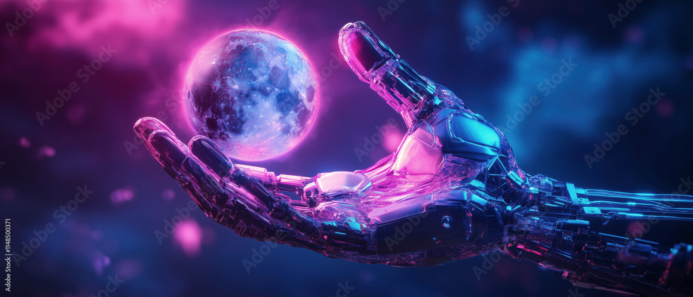 Futuristic robotic hand cradling a glowing planet Futuristic robotic hand cradling a glowing planet