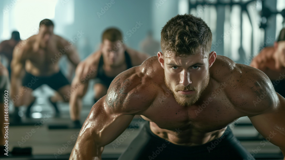 Intense group workout session in a gym environment Intense group workout session in a gym environment
