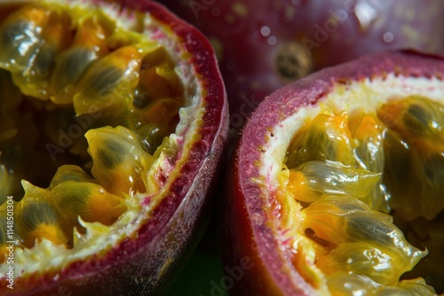 Two halves of passion fruit revealing juicy seeds and pulp photo