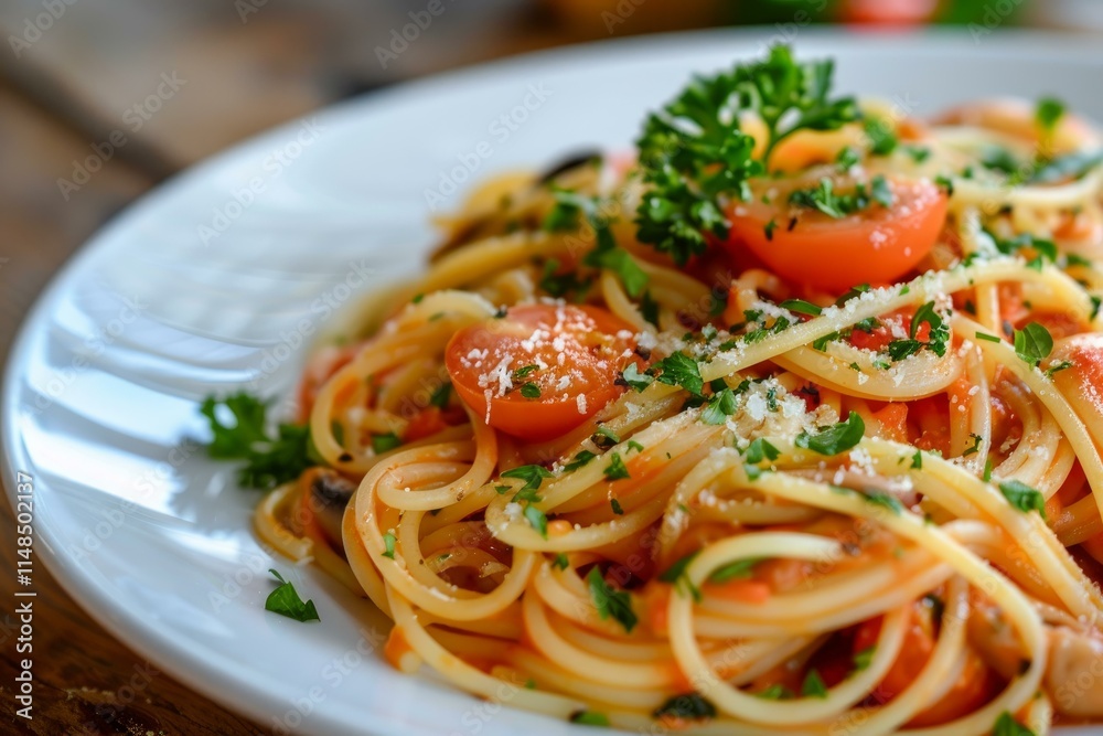Delicious spaghetti with tomato sauce, cherry tomatoes and grated parmesan being served on white plate Delicious spaghetti with tomato sauce, cherry tomatoes and grated parmesan being served on white plate