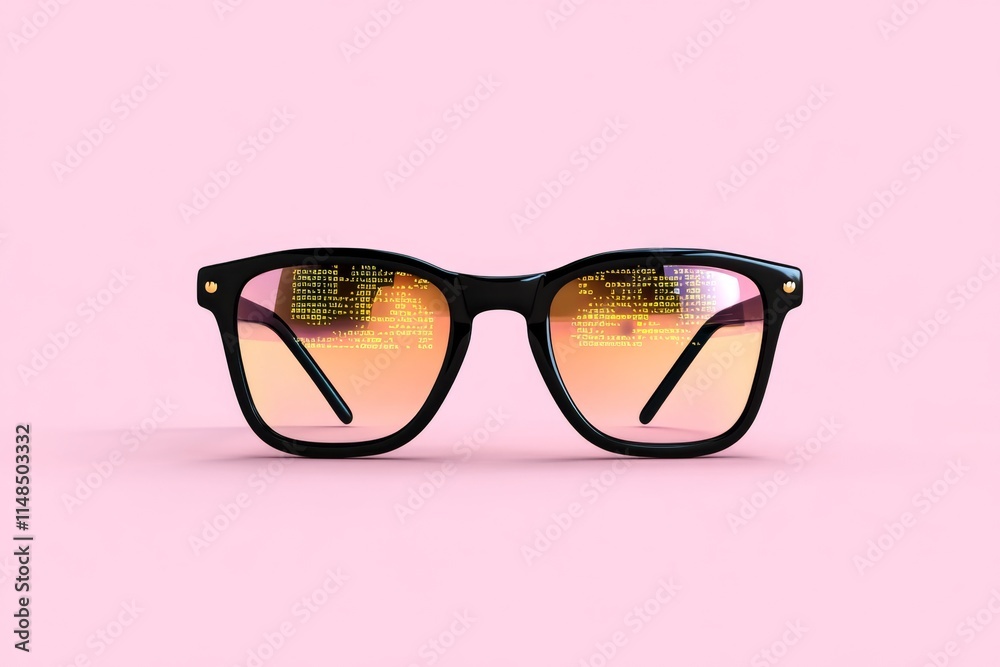 A flat design of a pair of thick-framed glasses with reflections of comic panels and code on the lenses, set against a simple pastel background A flat design of a pair of thick-framed glasses with reflections of comic panels and code on the lenses, set against a simple pastel background