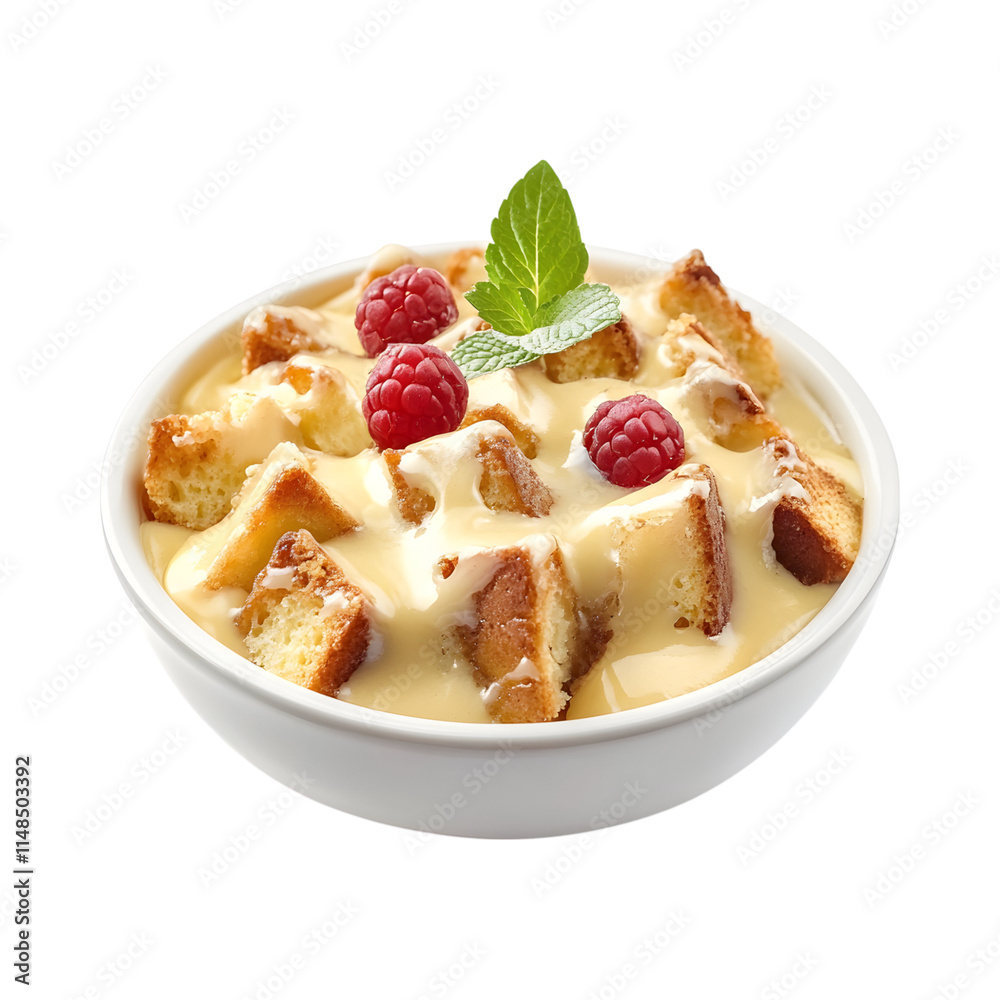 Inviting Bread pudding with vanilla sauce Isolated On Transparent Background Inviting Bread pudding with vanilla sauce Isolated On Transparent Background