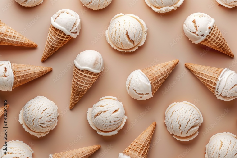 Ice cream scoops and cones creating a delightful pattern on a brown background