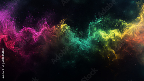 Vibrant and colorful powder explosion in a cosmic style with hues of pink, green, yellow, and red blending into a dark, starry background.