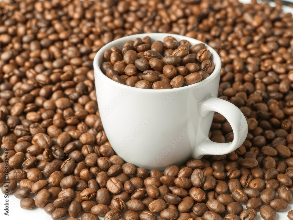 Fototapeta premium Roasted coffee beans overflowing a pristine white cup, beans,still life,latte