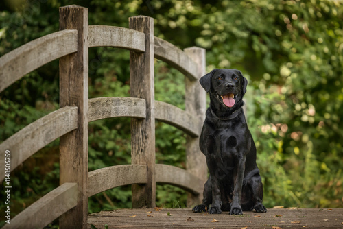Black Labrador at Virginia Water Lake in Windsor Great Park on a wooden bridge