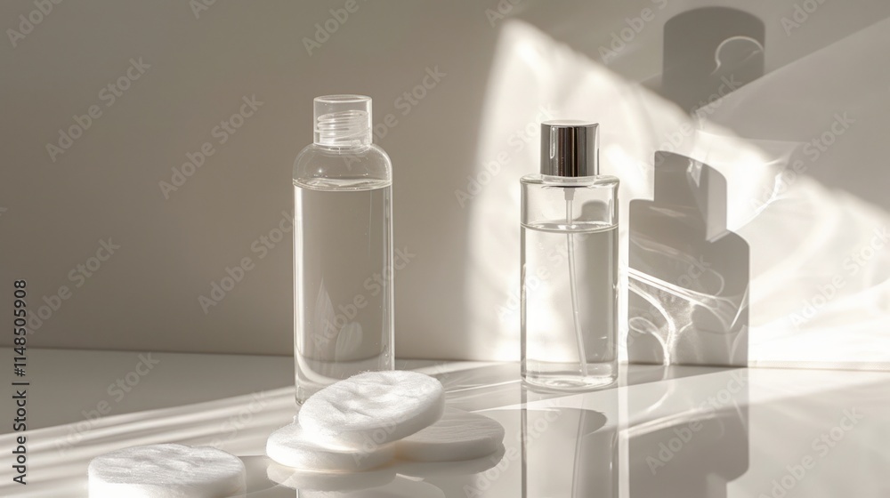 A minimalist display of makeup remover, with clear liquid in a modern bottle, paired with soft cotton pads, A minimalist display of makeup remover, with clear liquid in a modern bottle, paired with soft cotton pads,