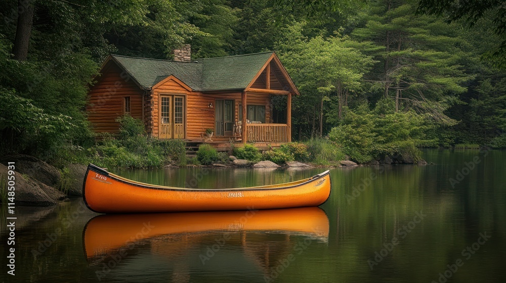 Obraz premium Secluded Log Cabin Beside Calm Lake With Canoe