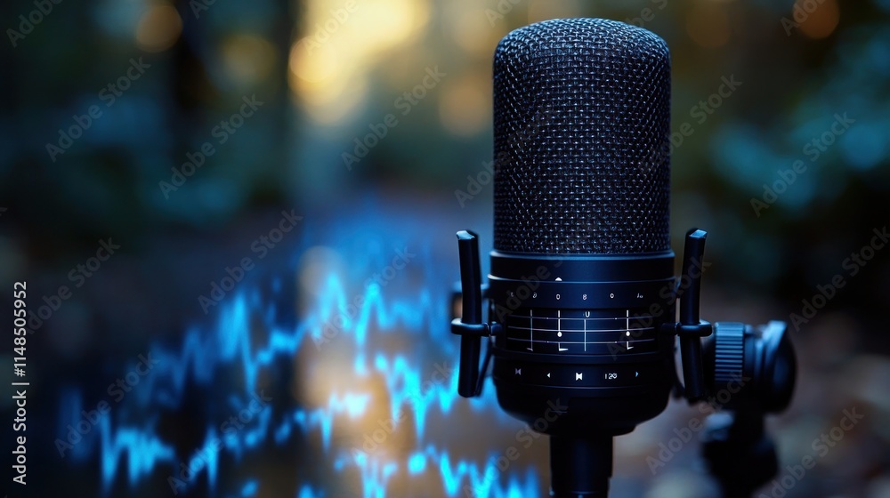 Podcast microphone with audio waves. Podcast microphone with audio waves.