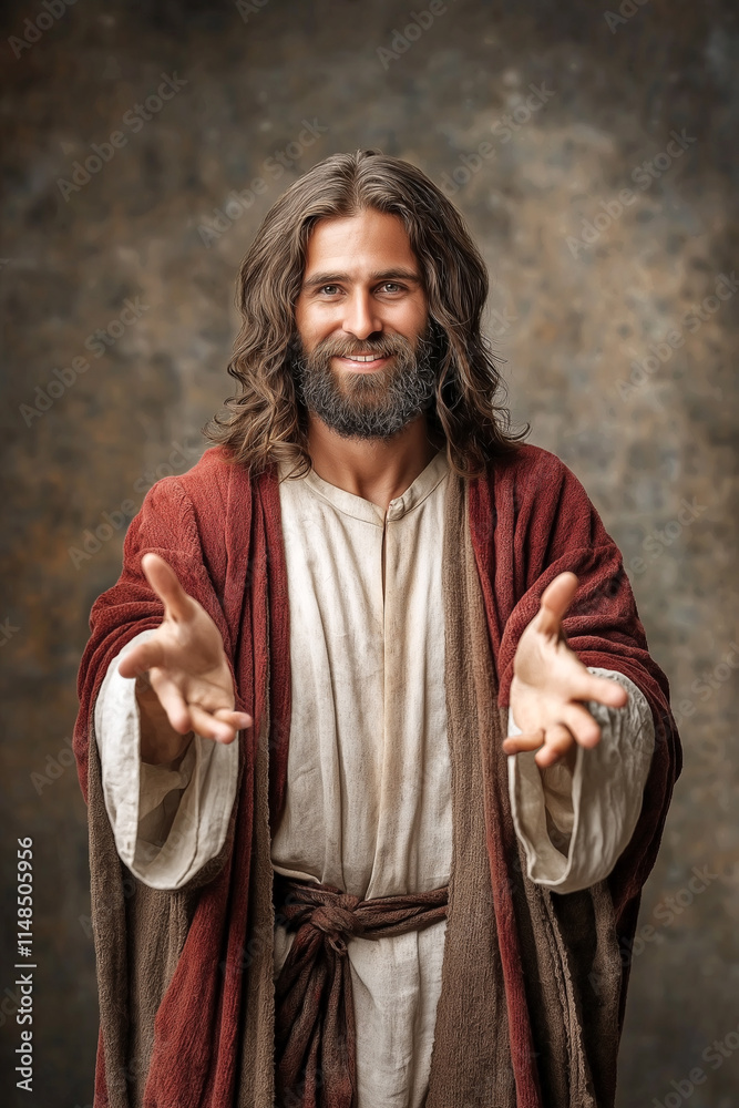 Naklejka premium Smiling person depicting Jesus, with outstretched arms welcoming people from all walks of life, promoting love and acceptance