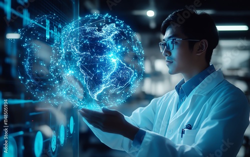 A researcher in a lab coat engaging with a holographic globe, illustrating the power of technology and innovation in global health and medicine