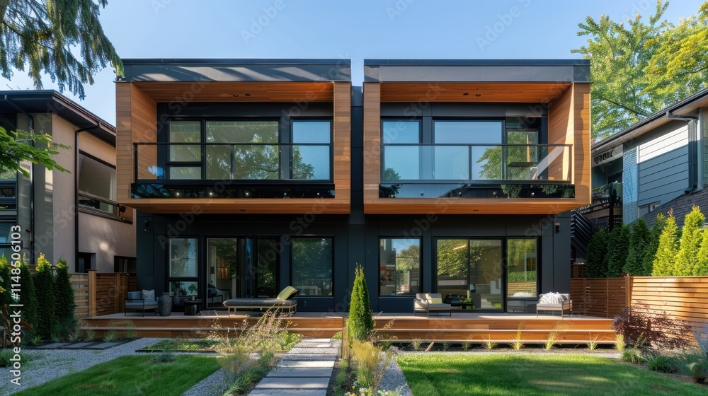 A modern duplex house, featuring two distinct units with clean and stylish architecture, A modern duplex house, featuring two distinct units with clean and stylish architecture,