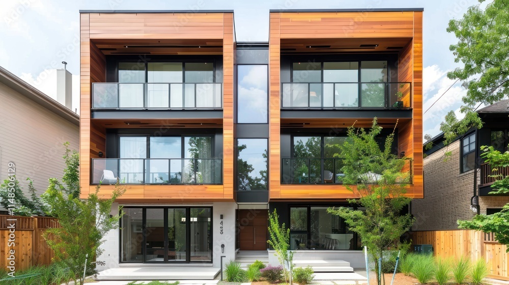 Fototapeta premium A modern duplex house, featuring two distinct units with clean and stylish architecture,