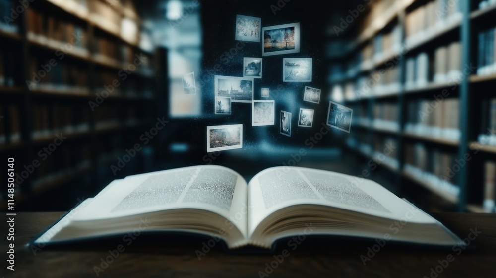 Open book displays virtual media within library setting. Digital publishing merges storytelling, tech. Images float above pages. Reading, education highlighted. Learning resources accessible, Open book displays virtual media within library setting. Digital publishing merges storytelling, tech. Images float above pages. Reading, education highlighted. Learning resources accessible,