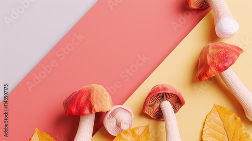 Mushroom shown on a demure background, amazing mushroom design. Background light, mushroom conspicuous.