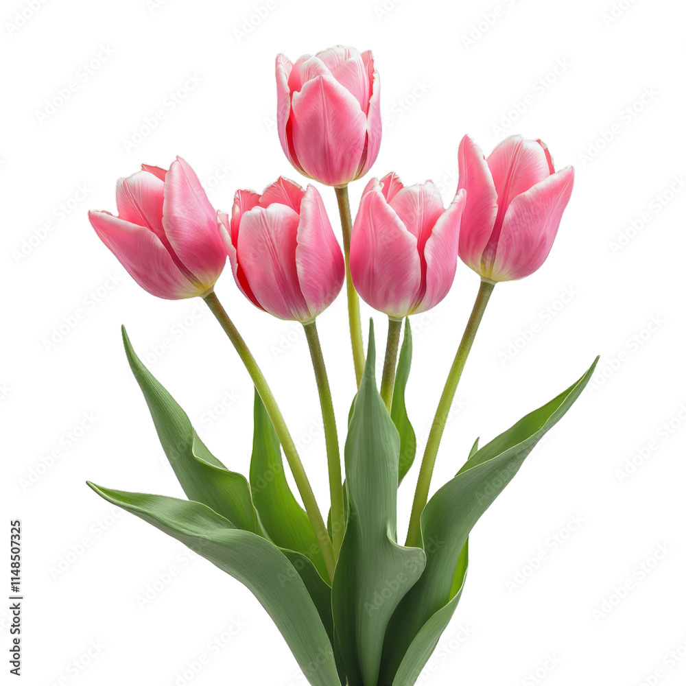 Pink tulips in a vase with green leaves